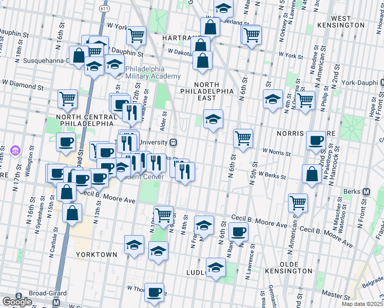 map of restaurants, bars, coffee shops, grocery stores, and more near 1921 North Darien Street in Philadelphia