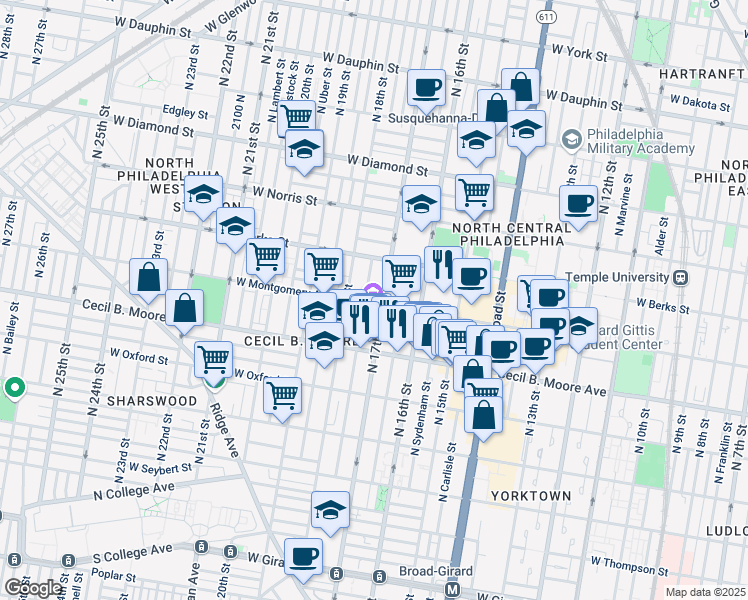 map of restaurants, bars, coffee shops, grocery stores, and more near 1731 West Montgomery Avenue in Philadelphia
