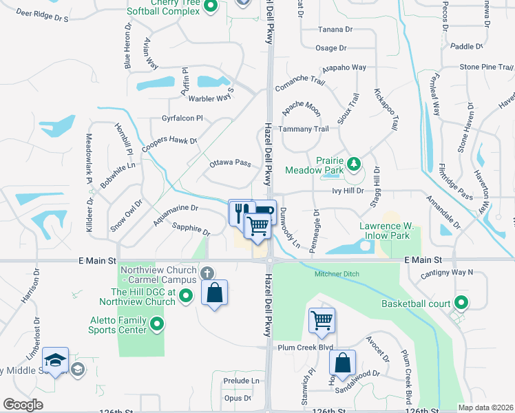 map of restaurants, bars, coffee shops, grocery stores, and more near 13250 Hazel Dell Parkway in Carmel