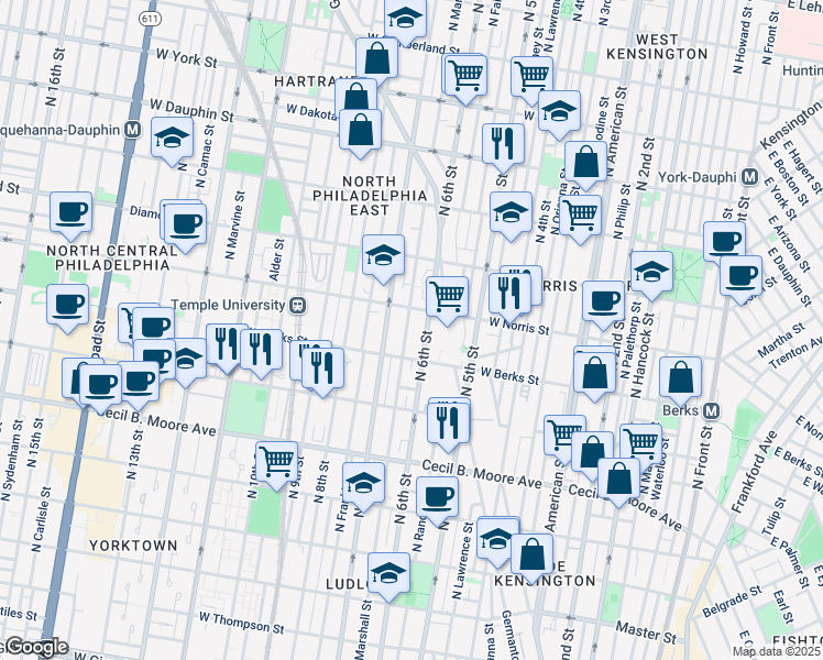 map of restaurants, bars, coffee shops, grocery stores, and more near 1937 North Marshall Street in Philadelphia