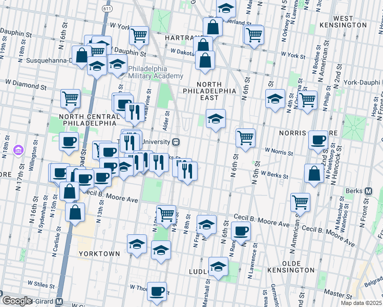 map of restaurants, bars, coffee shops, grocery stores, and more near 1916 North Darien Street in Philadelphia