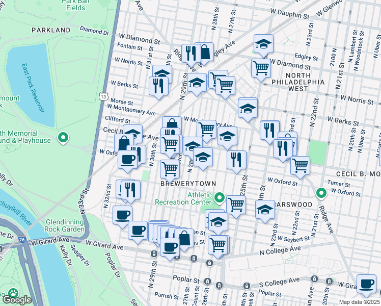 map of restaurants, bars, coffee shops, grocery stores, and more near 1634 North 28th Street in Philadelphia