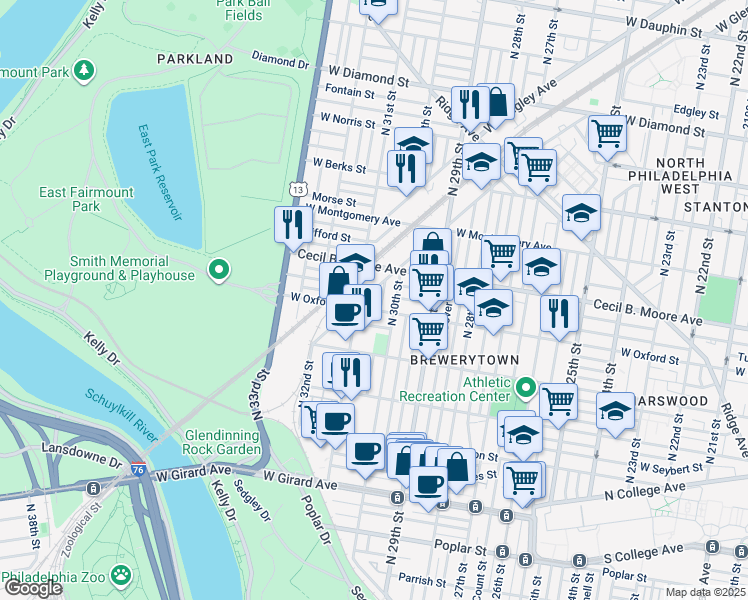 map of restaurants, bars, coffee shops, grocery stores, and more near 3017 West Oxford Street in Philadelphia
