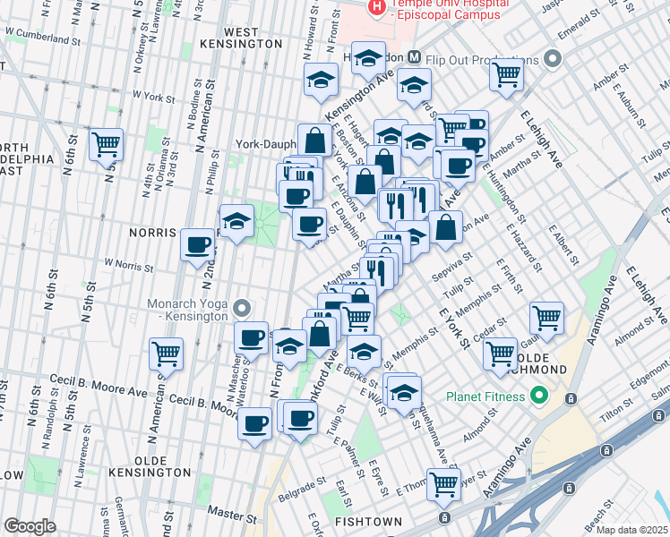 map of restaurants, bars, coffee shops, grocery stores, and more near 2100 East Susquehanna Avenue in Philadelphia