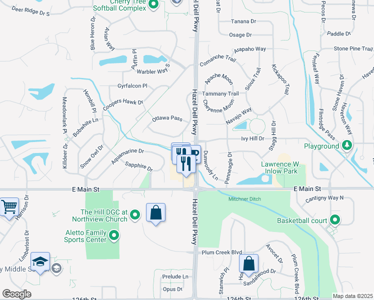 map of restaurants, bars, coffee shops, grocery stores, and more near 13250 Hazel Dell Parkway in Carmel