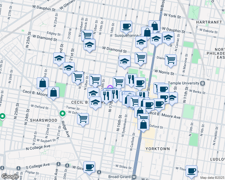 map of restaurants, bars, coffee shops, grocery stores, and more near 1701 W Montgomery Ave in Philadelphia
