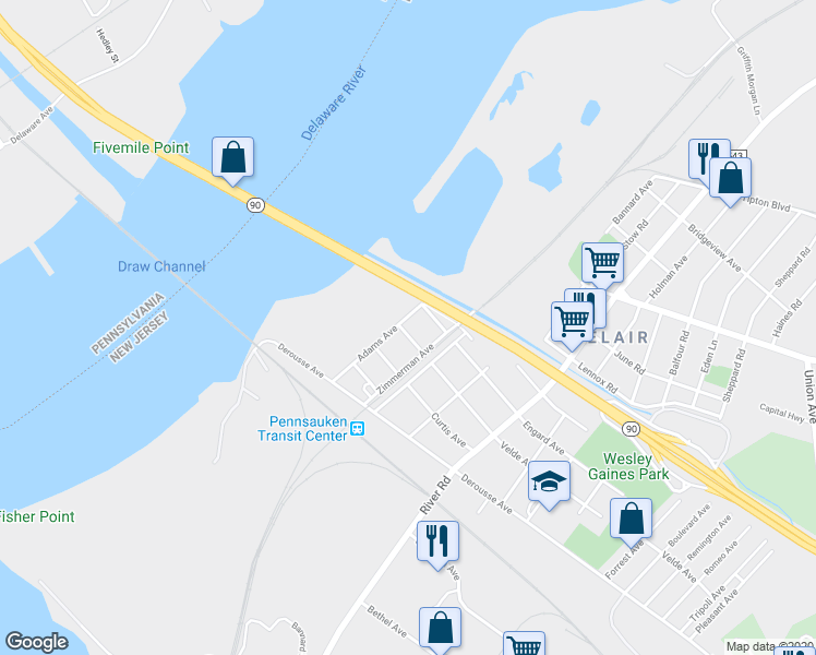 map of restaurants, bars, coffee shops, grocery stores, and more near 210 Velde Avenue in Pennsauken Township
