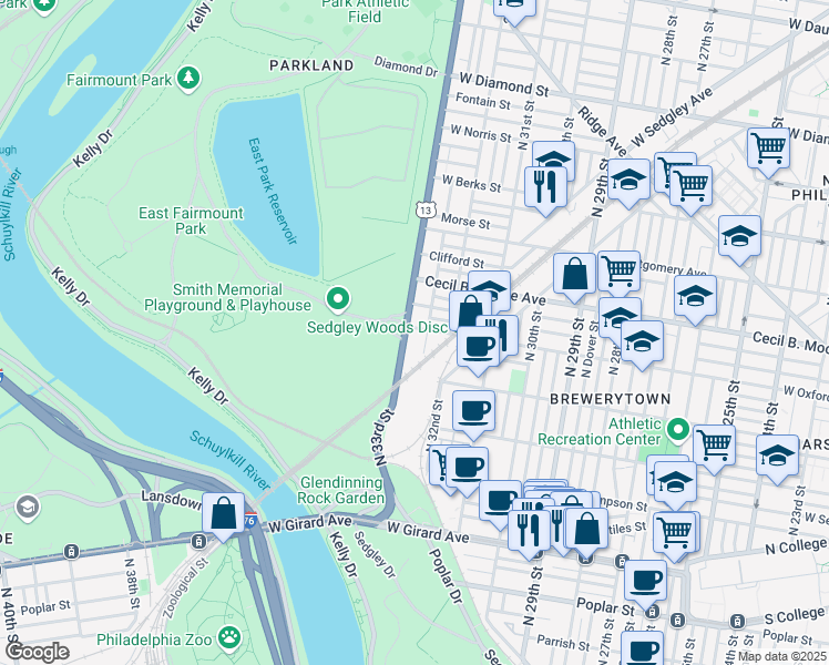 map of restaurants, bars, coffee shops, grocery stores, and more near 1543 North 33rd Street in Philadelphia