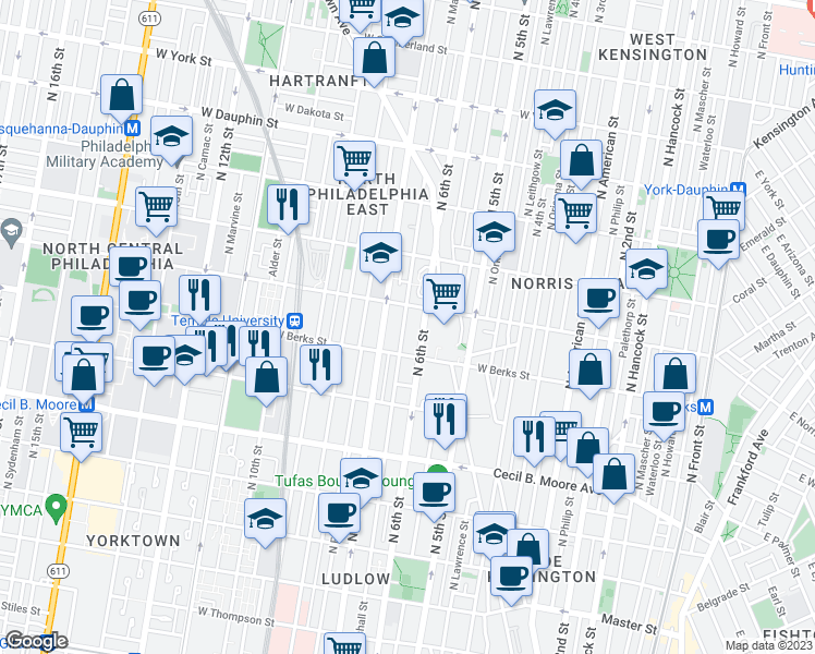map of restaurants, bars, coffee shops, grocery stores, and more near 1937 North Marshall Street in Philadelphia