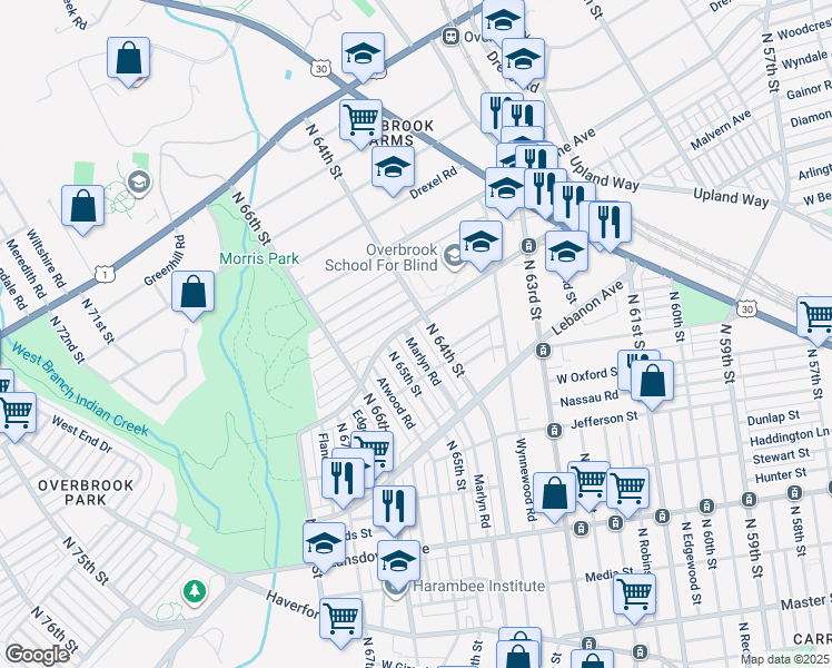 map of restaurants, bars, coffee shops, grocery stores, and more near 1249 Marlyn Road in Philadelphia