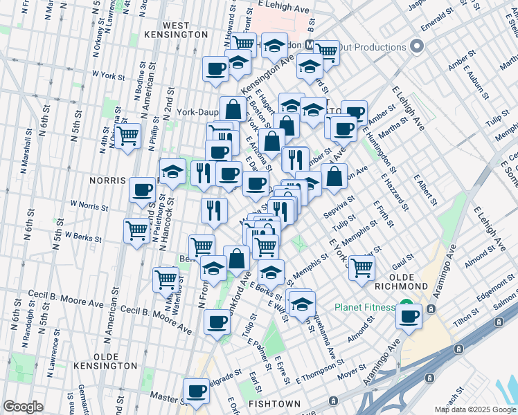 map of restaurants, bars, coffee shops, grocery stores, and more near 2111 East Susquehanna Avenue in Philadelphia