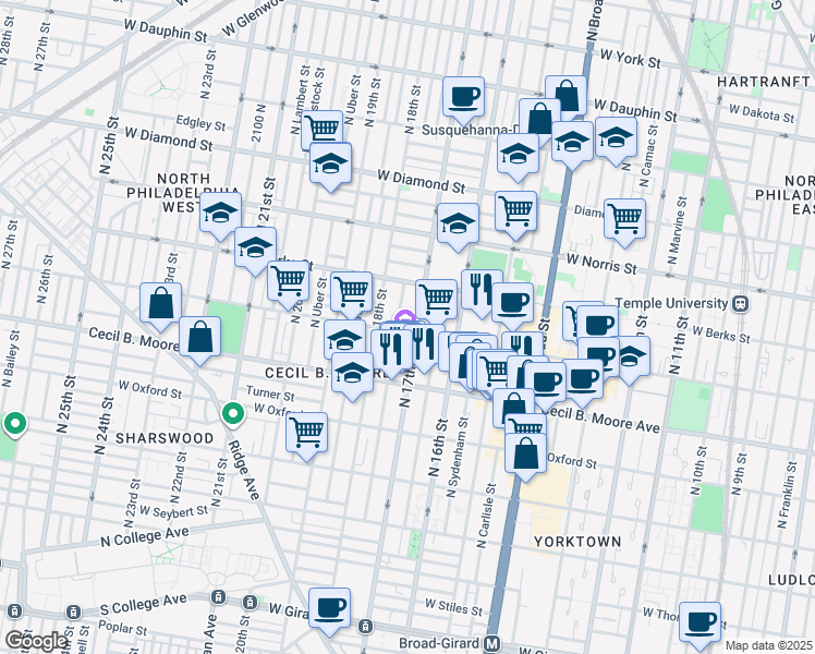 map of restaurants, bars, coffee shops, grocery stores, and more near 1725 West Montgomery Avenue in Philadelphia