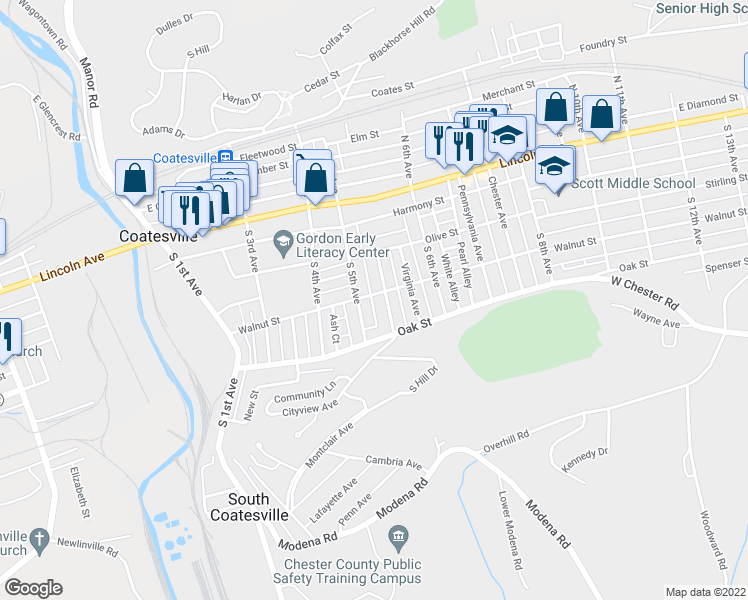 map of restaurants, bars, coffee shops, grocery stores, and more near 118 Penrose Lane in Coatesville