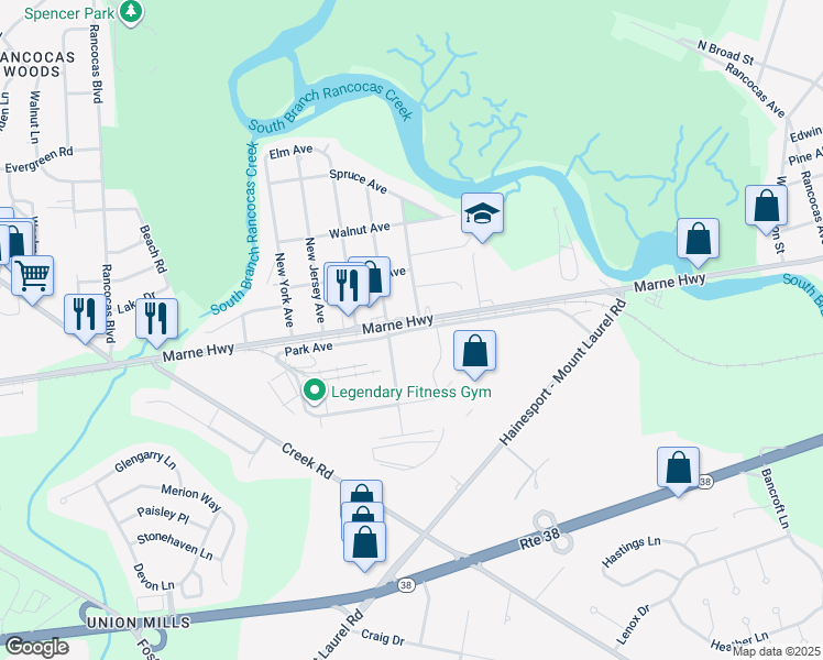 map of restaurants, bars, coffee shops, grocery stores, and more near 10 Park Avenue in Hainesport