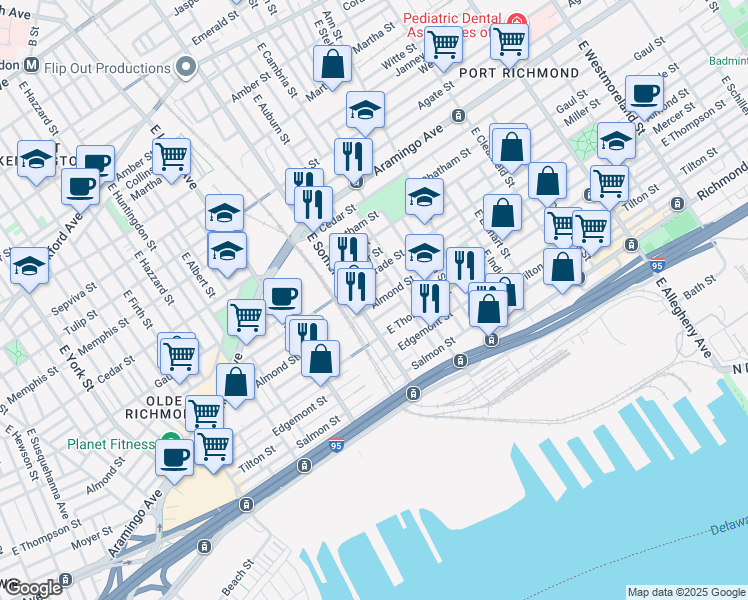 map of restaurants, bars, coffee shops, grocery stores, and more near 2820 Almond Street in Philadelphia