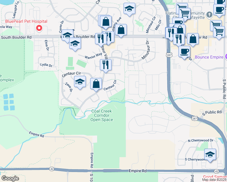 map of restaurants, bars, coffee shops, grocery stores, and more near 1108 Elysian Field Drive in Lafayette