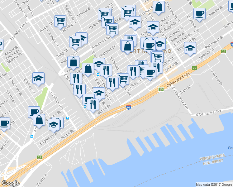 map of restaurants, bars, coffee shops, grocery stores, and more near 2703 East Ann Street in Philadelphia