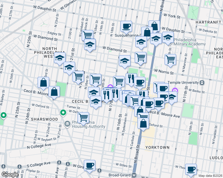 map of restaurants, bars, coffee shops, grocery stores, and more near 1725 West Montgomery Avenue in Philadelphia