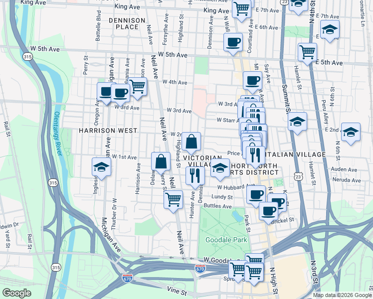 map of restaurants, bars, coffee shops, grocery stores, and more near 947 Hunter Avenue in Columbus