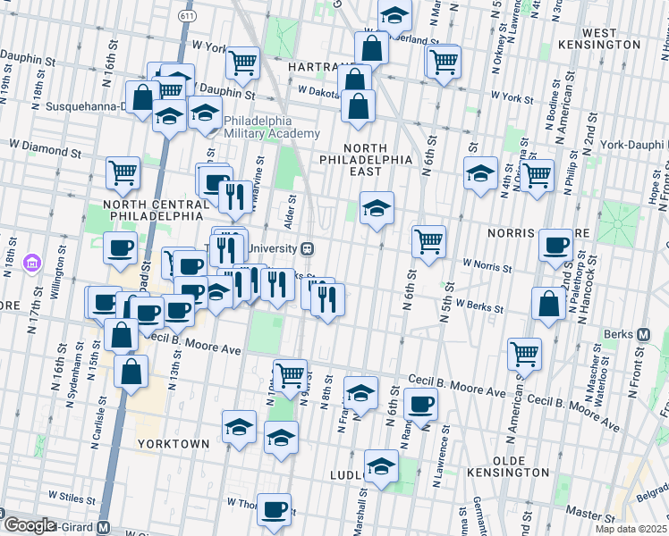 map of restaurants, bars, coffee shops, grocery stores, and more near 1916 North Darien Street in Philadelphia