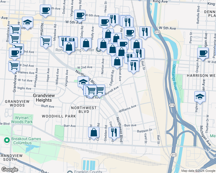 map of restaurants, bars, coffee shops, grocery stores, and more near 976 Hilo Lane in Columbus