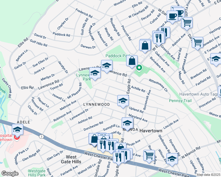 map of restaurants, bars, coffee shops, grocery stores, and more near 1356 Harrington Road in Havertown