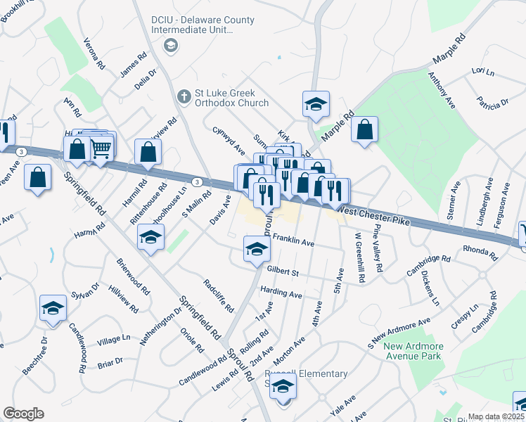 map of restaurants, bars, coffee shops, grocery stores, and more near 26 South Sproul Road in Broomall