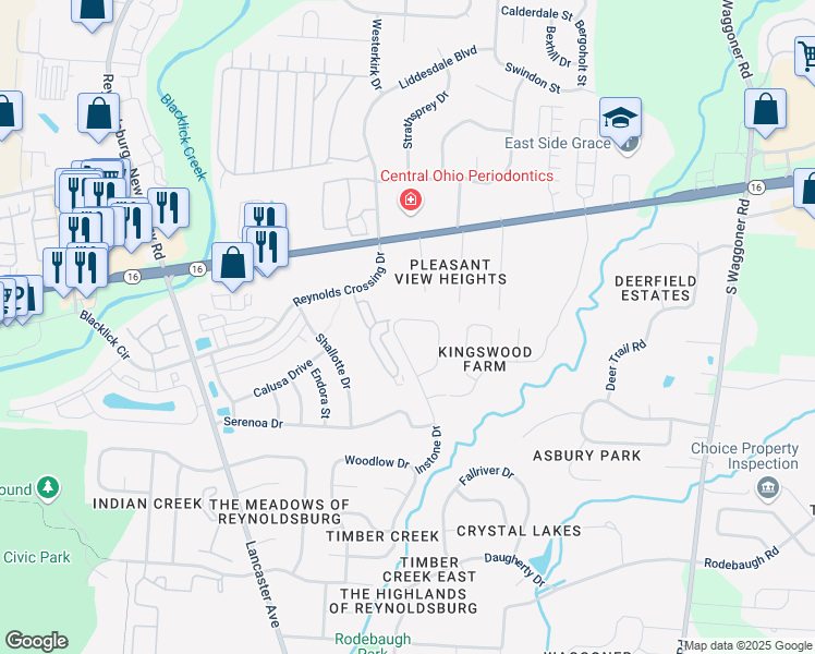 map of restaurants, bars, coffee shops, grocery stores, and more near 7381 Runik Place North in Reynoldsburg