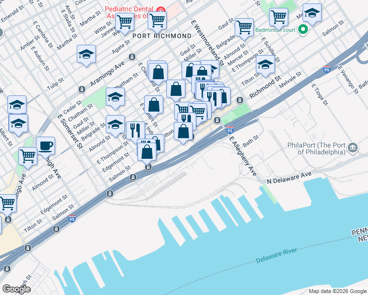map of restaurants, bars, coffee shops, grocery stores, and more near 3027 Richmond Street in Philadelphia