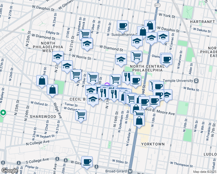 map of restaurants, bars, coffee shops, grocery stores, and more near 1705 West Montgomery Avenue in Philadelphia