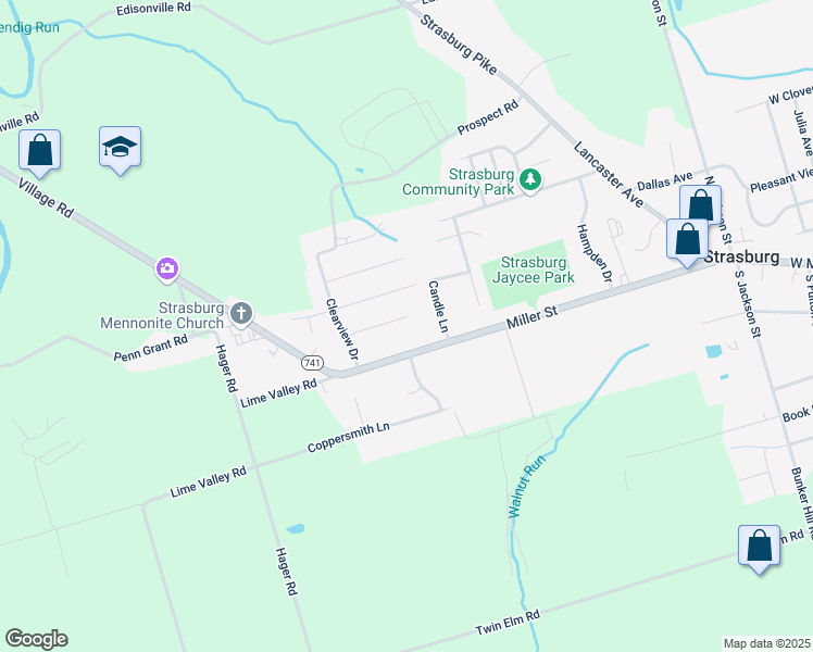 map of restaurants, bars, coffee shops, grocery stores, and more near 308 Miller Street in Strasburg