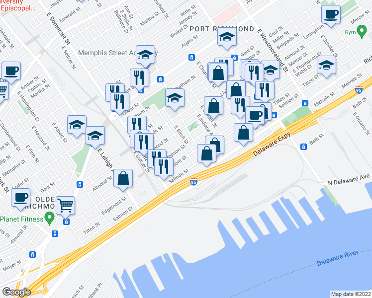map of restaurants, bars, coffee shops, grocery stores, and more near 2639 East Monmouth Street in Philadelphia