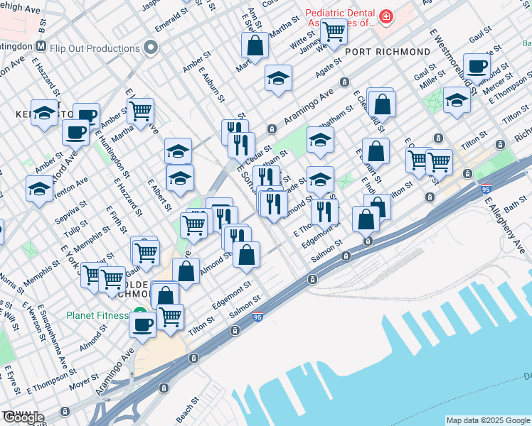 map of restaurants, bars, coffee shops, grocery stores, and more near 2540 East Somerset Street in Philadelphia