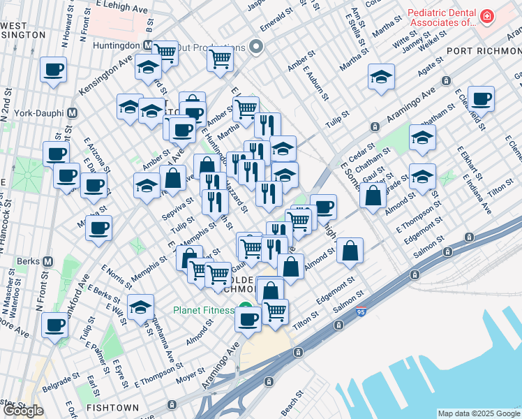 map of restaurants, bars, coffee shops, grocery stores, and more near 2353 East Huntingdon Street in Philadelphia