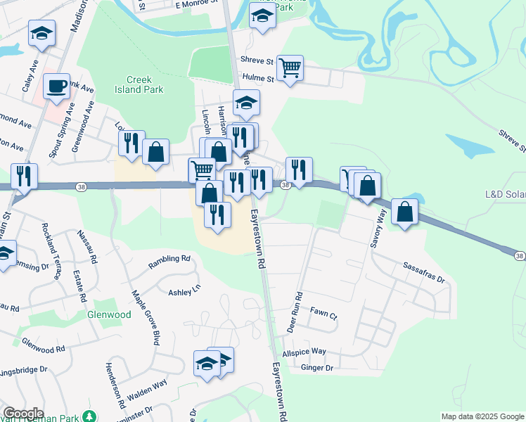 map of restaurants, bars, coffee shops, grocery stores, and more near 774 Eayrestown Road in Lumberton