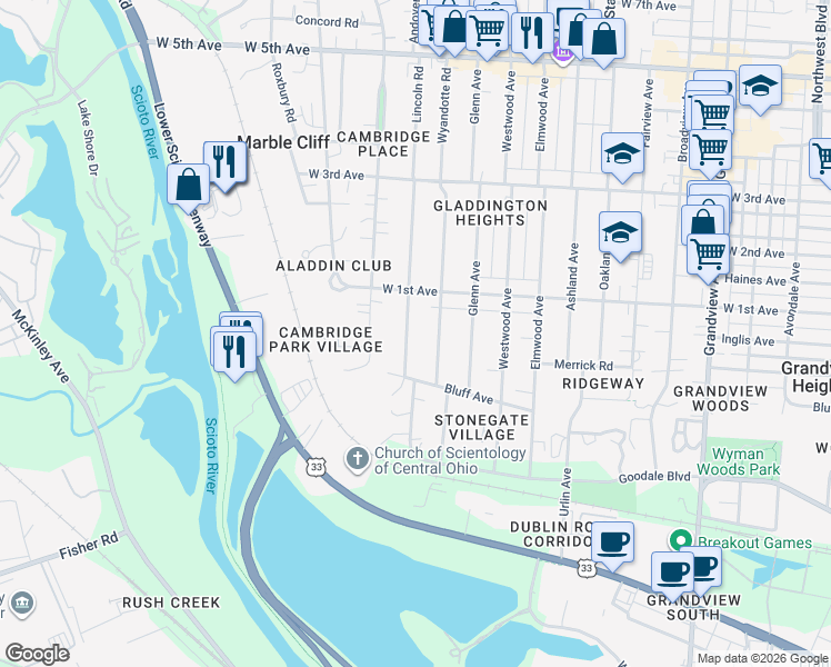 map of restaurants, bars, coffee shops, grocery stores, and more near 1204 Lincoln Rd in Grandview Heights