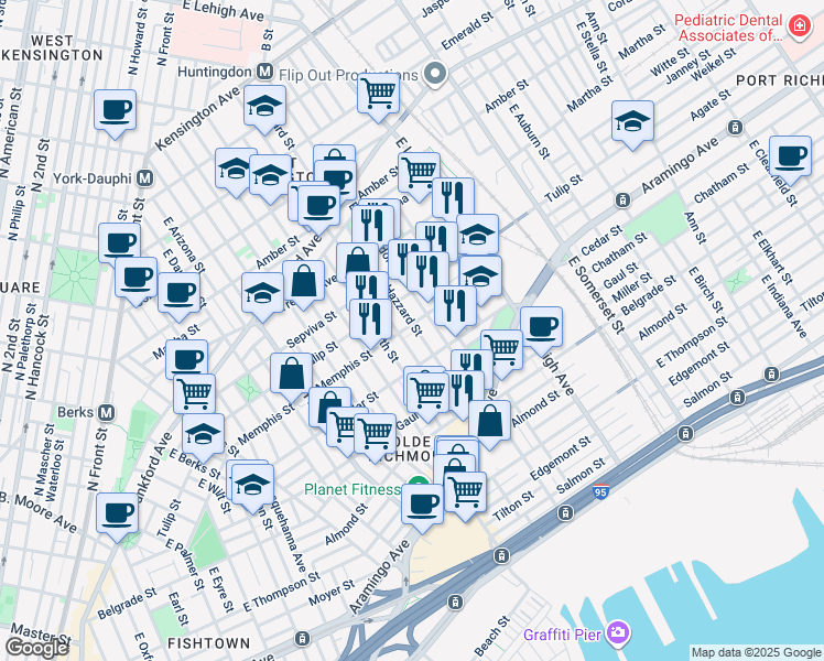 map of restaurants, bars, coffee shops, grocery stores, and more near 2557 Memphis Street in Philadelphia