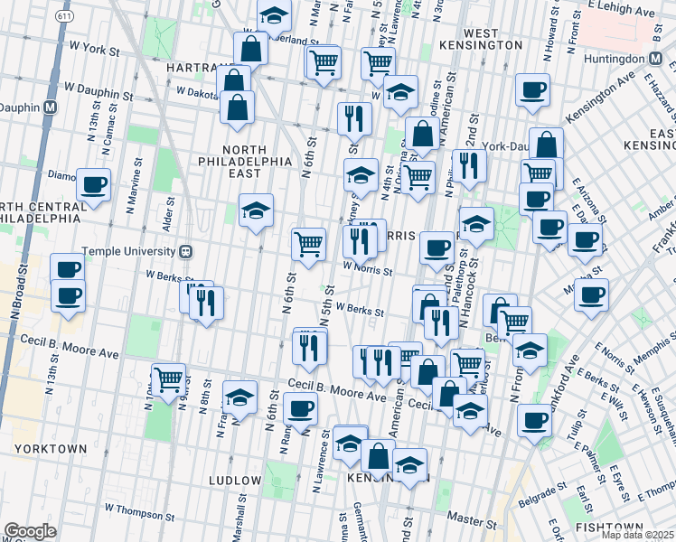 map of restaurants, bars, coffee shops, grocery stores, and more near 1941 North 5th Street in Philadelphia
