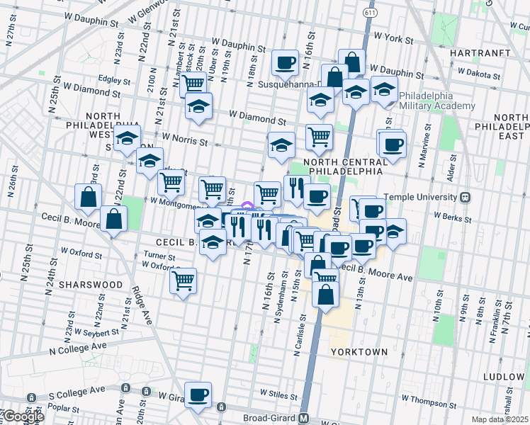 map of restaurants, bars, coffee shops, grocery stores, and more near 1804 Willington Street in Philadelphia