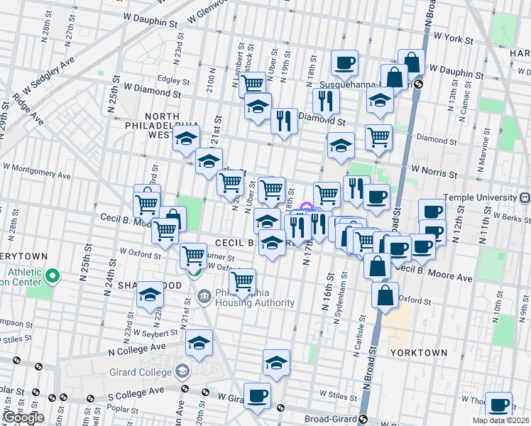map of restaurants, bars, coffee shops, grocery stores, and more near 1830 West Montgomery Avenue in Philadelphia