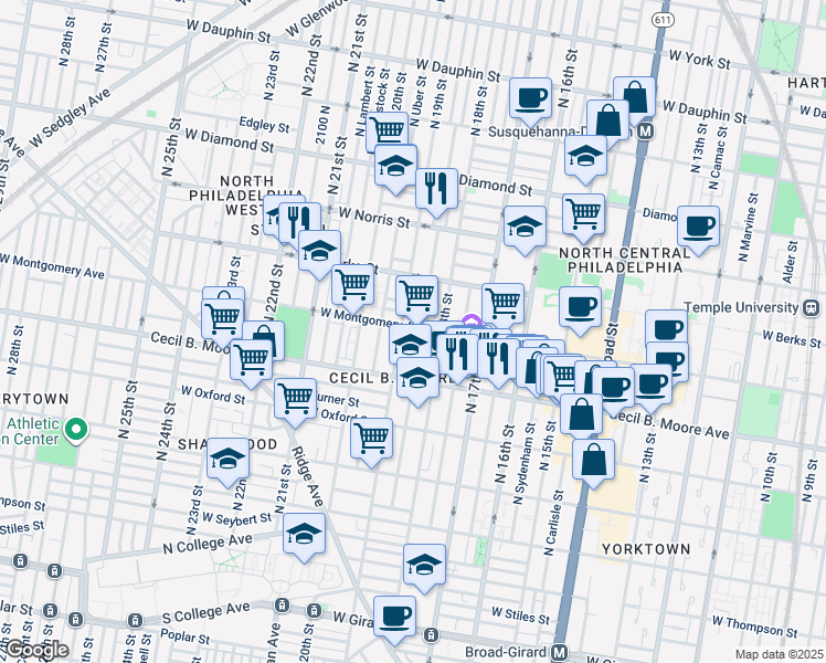 map of restaurants, bars, coffee shops, grocery stores, and more near 1832 West Montgomery Avenue in Philadelphia