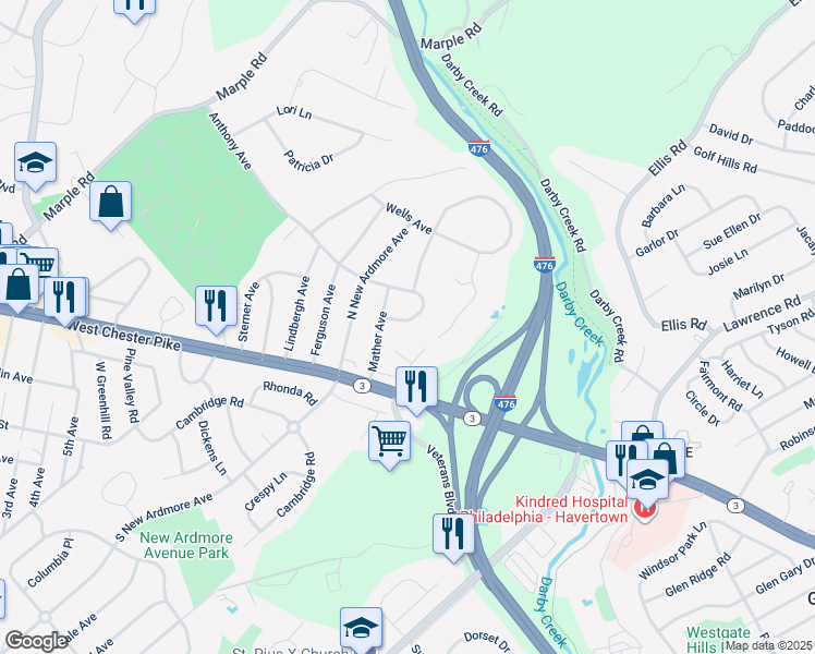 map of restaurants, bars, coffee shops, grocery stores, and more near 2176 Thomas Avenue in Broomall