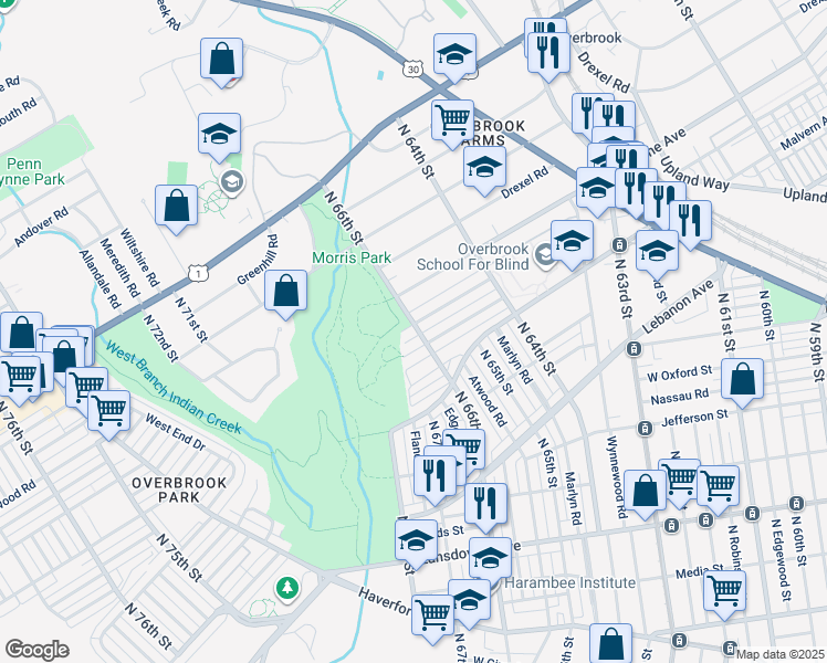 map of restaurants, bars, coffee shops, grocery stores, and more near 6600 Woodcrest Avenue in Philadelphia