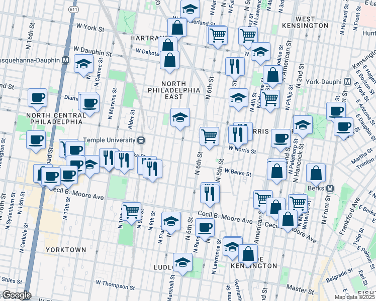 map of restaurants, bars, coffee shops, grocery stores, and more near 1934 North Marshall Street in Philadelphia