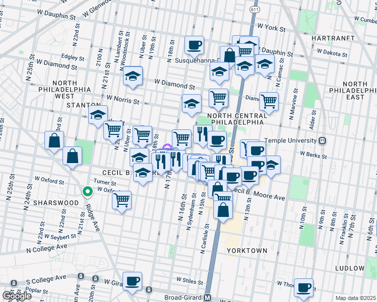 map of restaurants, bars, coffee shops, grocery stores, and more near 1814 North 16th Street in Philadelphia