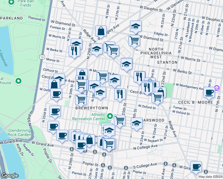 map of restaurants, bars, coffee shops, grocery stores, and more near 2618 Cecil B. Moore Avenue in Philadelphia