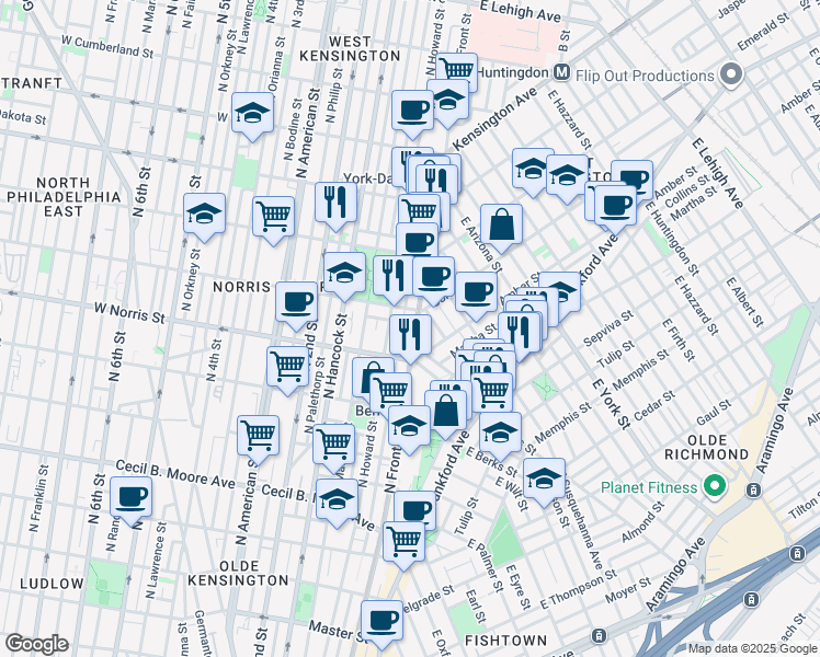 map of restaurants, bars, coffee shops, grocery stores, and more near 2029 Hope Street in Philadelphia