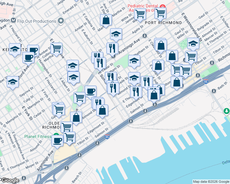 map of restaurants, bars, coffee shops, grocery stores, and more near 2820 Almond Street in Philadelphia