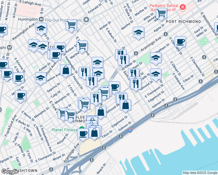 map of restaurants, bars, coffee shops, grocery stores, and more near 2444 East Lehigh Avenue in Philadelphia