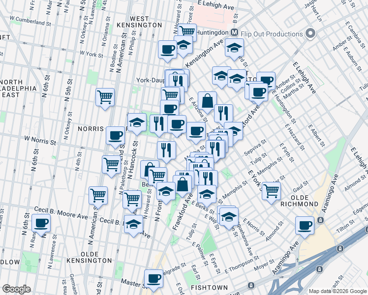 map of restaurants, bars, coffee shops, grocery stores, and more near 2032 Dreer Street in Philadelphia